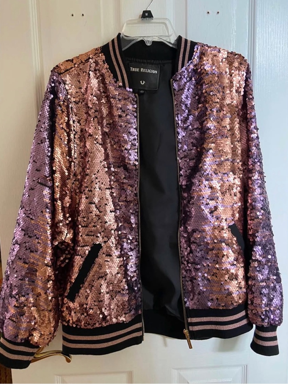 True Religion Rose Gold Sequin Bomber Jacket